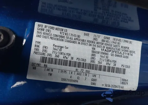 2018 Ford Focus Se z USA, uszkodzony, nr VIN 1FADP3FE5JL211816